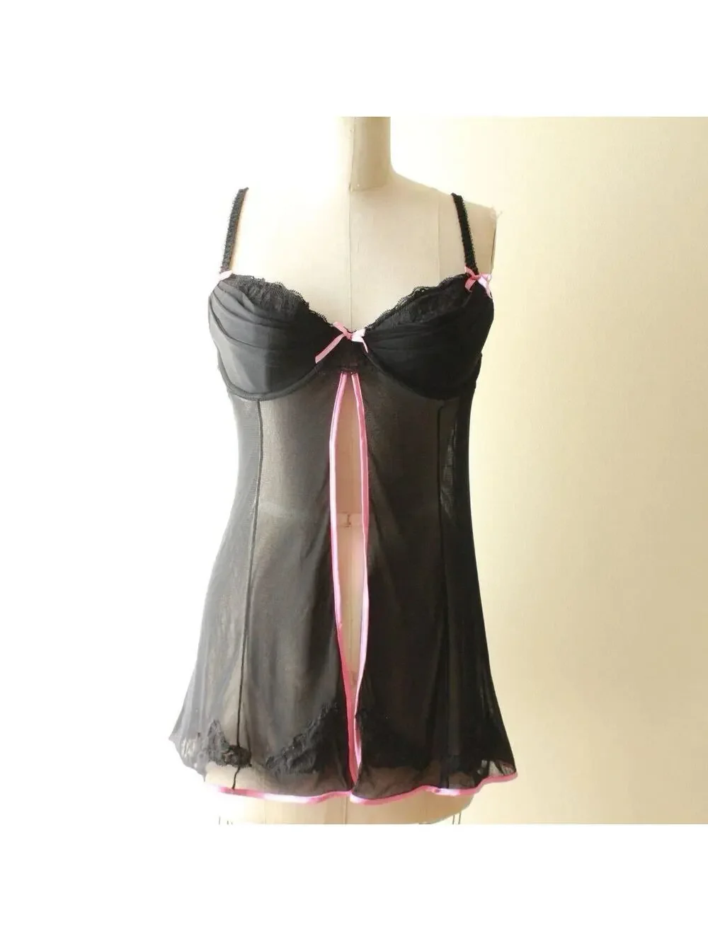 Native Intimates Black Sheer Babydoll Lingerie with Pink Ribbon and Lace Trim L